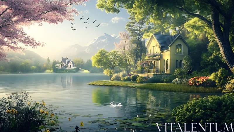 Lakeside villa with alpine backdrop in luminous digital bloom.