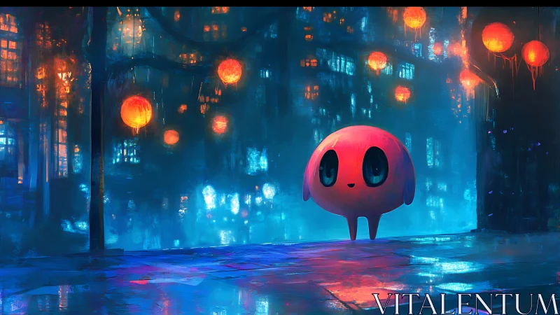 Lantern-lit city welcomes a shy pink wanderer at midnight