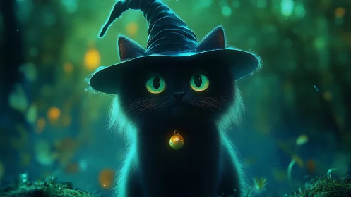 Enchanting black cat in witch hat glows in a twilight forest