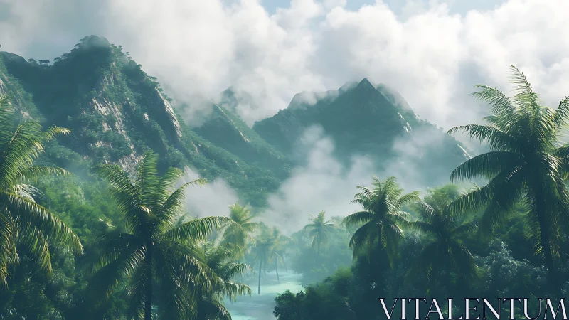 Tropical Mountain Valley with Verdant Peaks and Misty Cloud Formations.