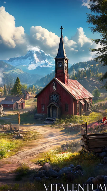 Red mountain church in quiet rural valley landscape.