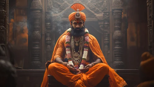 Regal orange robed guru sits in serene temple stillness