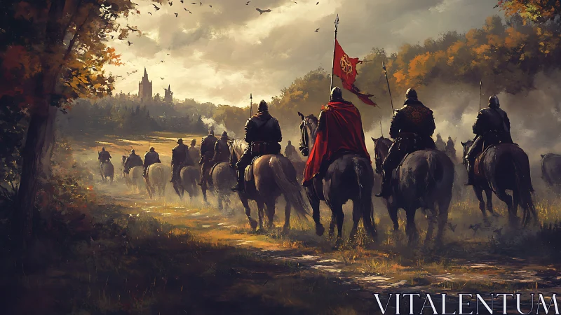 Medieval cavalry column advances toward distant castle under stormy sky