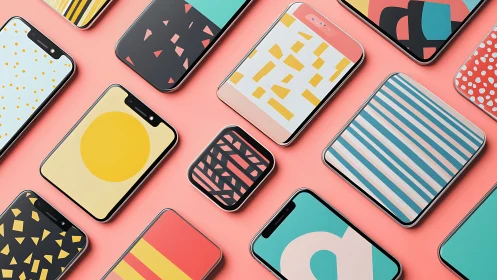 Colorful smartphones display bold geometric wallpaper designs.