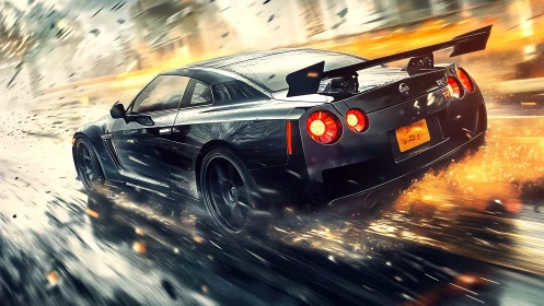 Explosive night street sprint with tuned black sports coupe.