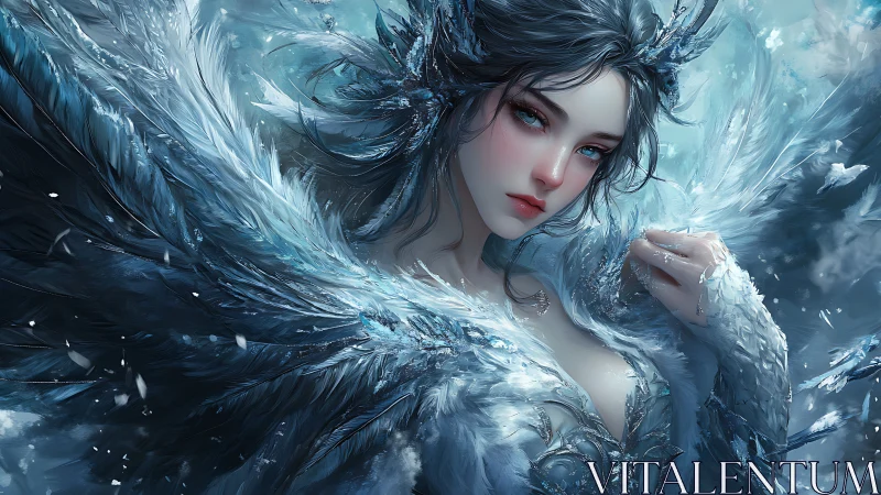 Ice queen with crystal feathers gazes through swirling snow