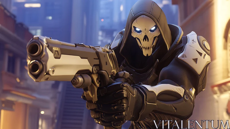 Skull-masked gunman aiming dual pistols in neon alleyway.