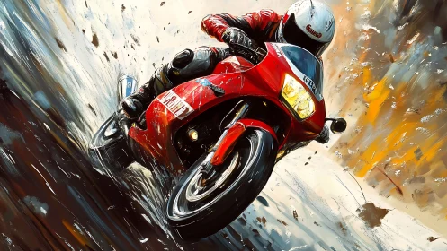 Red superbike racer leans into a high-speed urban corner.