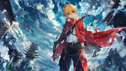 Skybound wanderer in bright red cloak over floating temples.
