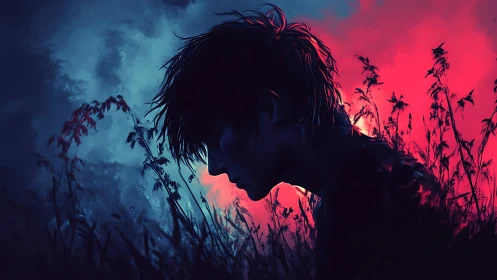 Silhouetted youth in dusk meadow rendered with dual neon lighting