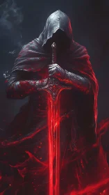 Hooded wraith grips burning crimson greatsword in shadow