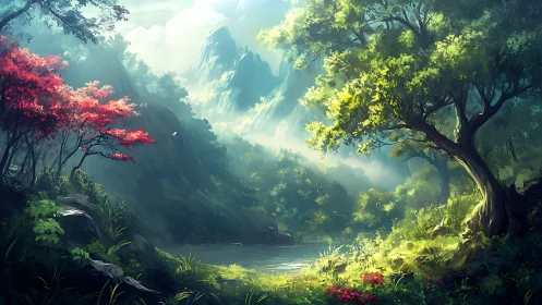 Emerald valley lake where red maples gossip with sunlight.