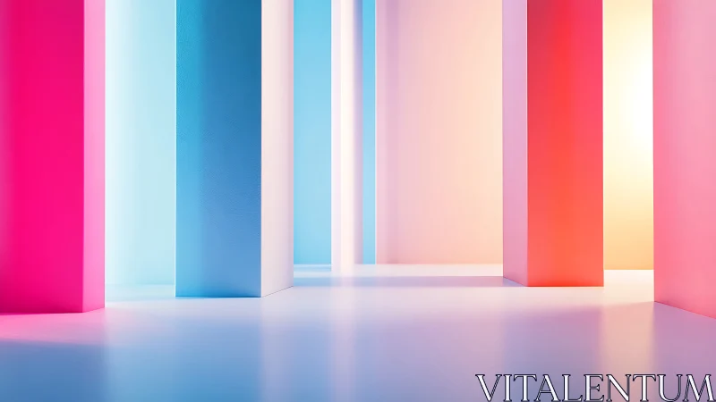 Pastel light corridors where color pillars quietly glow.