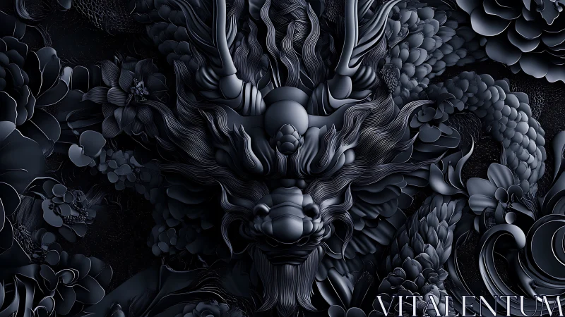 Monochrome ornamental dragon relief with layered floral forms.
