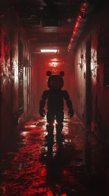 Silhouetted animatronic figure in red industrial hallway.