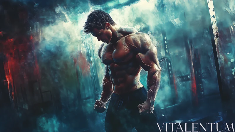 Muscular athlete in neon gym, atmospheric digital fitness art.