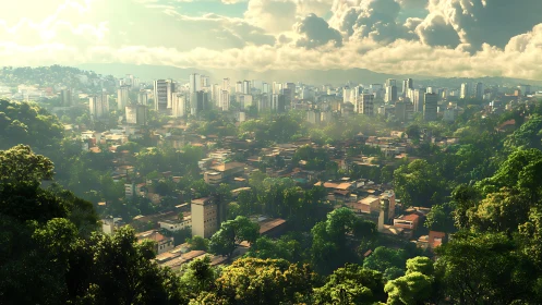 Sunlit tropical cityscape merging dense forest and towers.
