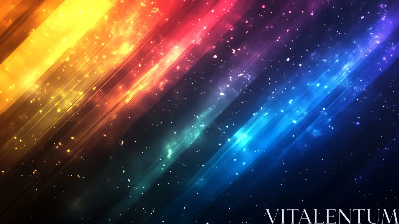 Diagonal multicolor light streaks with scattered particles.