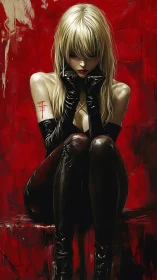 Digital painting of seated femme fatale with crimson groundplane.