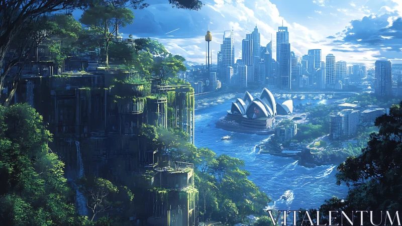 Lush futuristic Sydney skyline blends nature with towering cityscape.