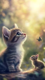 Whisker-Framed Wonders: Kitten and Mother Chase Butterflies in Golden Dreams