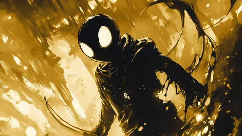 Hooded shadow hero stalks molten golden underworld.