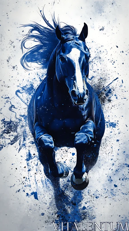 Blue running horse with splattered abstract background.