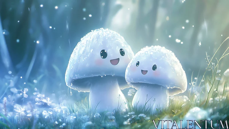 Smiling cartoon mushrooms in dewy blue forest clearing scene.