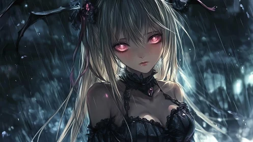 Midnight goth siren with burning rose-pink demon eyes.