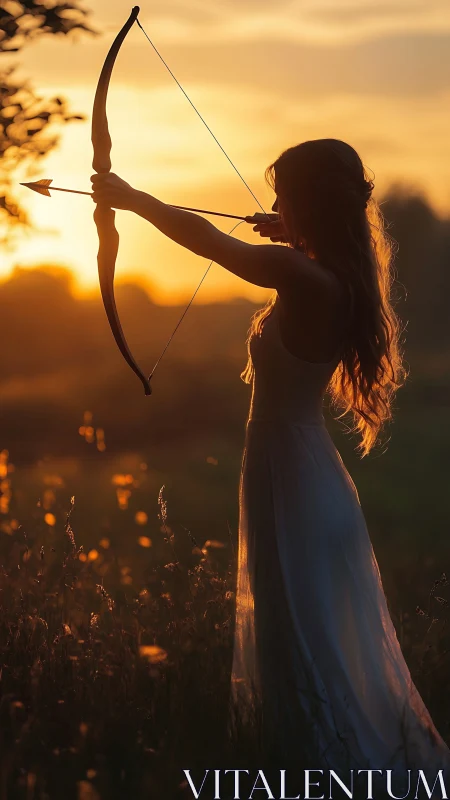 Sunset archeress poised in glowing meadow silence.