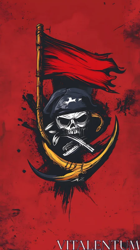 Pirate skull emblem with red flag and scythe on red field.