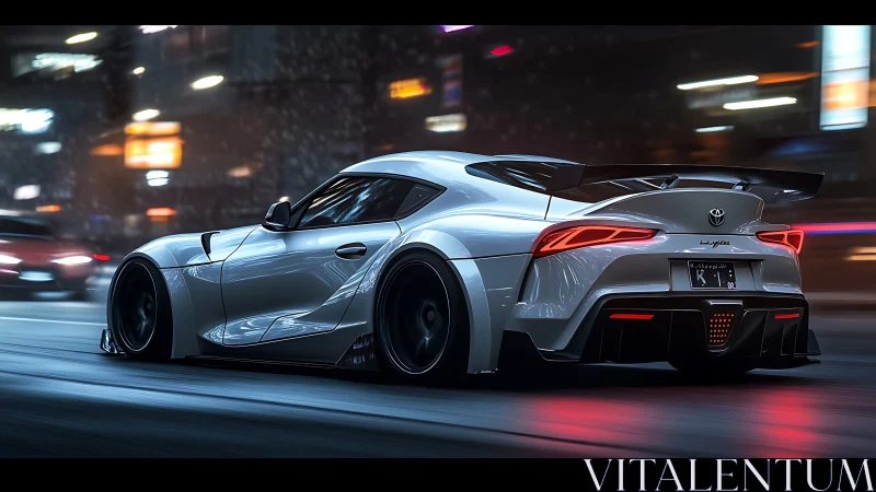 Midnight city sprint with a sleek silver sports coupe.