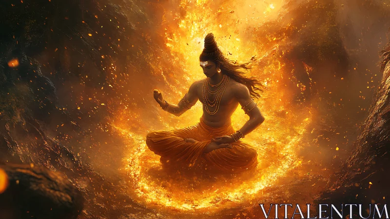 Meditating deity encircled by volumetric fire vortex and sparks
