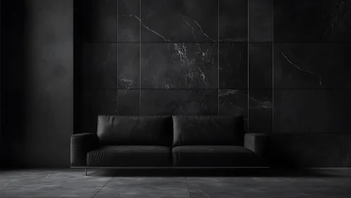 Black leather sofa anchors dark marble minimalist interior.