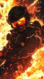 Armored figure positioned within intense orange and yellow flame environment