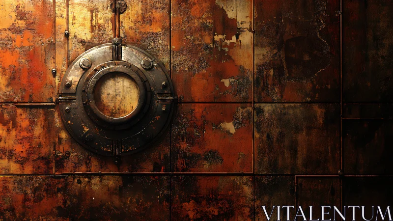 Circular metal hatch sits on heavily rusted panel wall