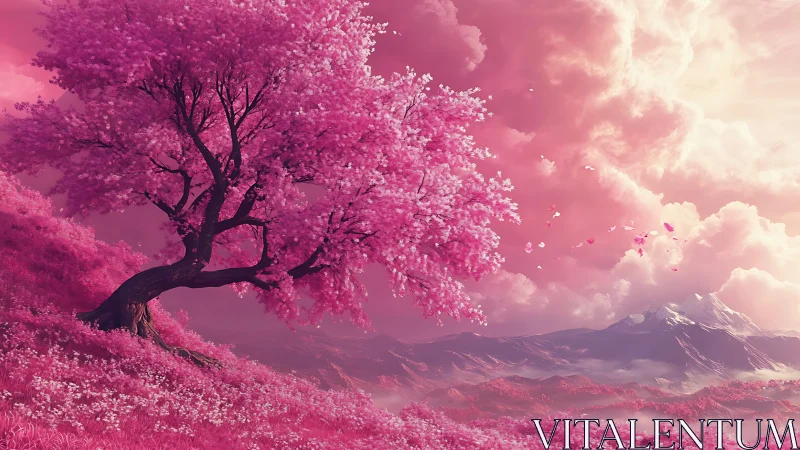 Blossom-swept dreamtree leaning over rosy cloud valleys.