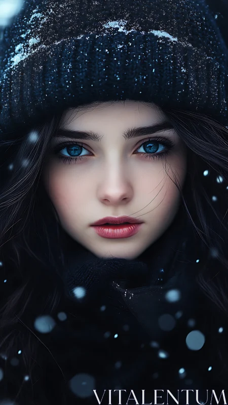 Winter-bright blue eyes framed by a softly falling snowfall.