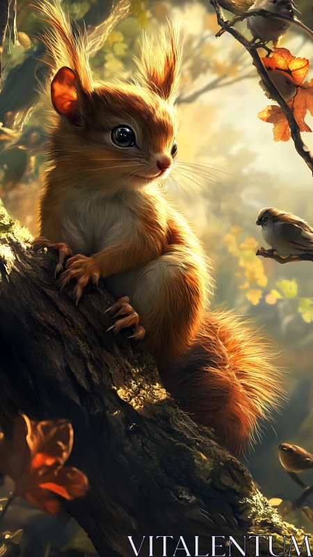 Young squirrel on forest tree with small songbirds nearby.