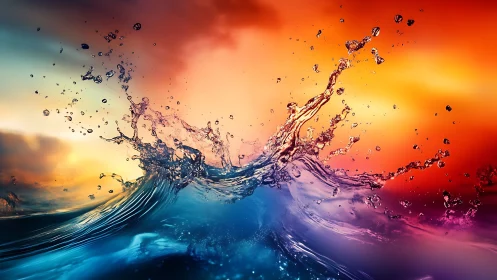 Shimmering waves leap toward a glowing sunset sky