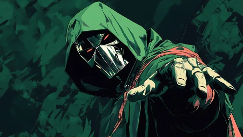 Hooded chrome phantom reaching from emerald shadowed void.