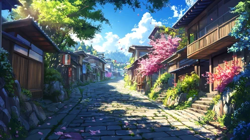 Stone-paved street runs between traditional wooden houses