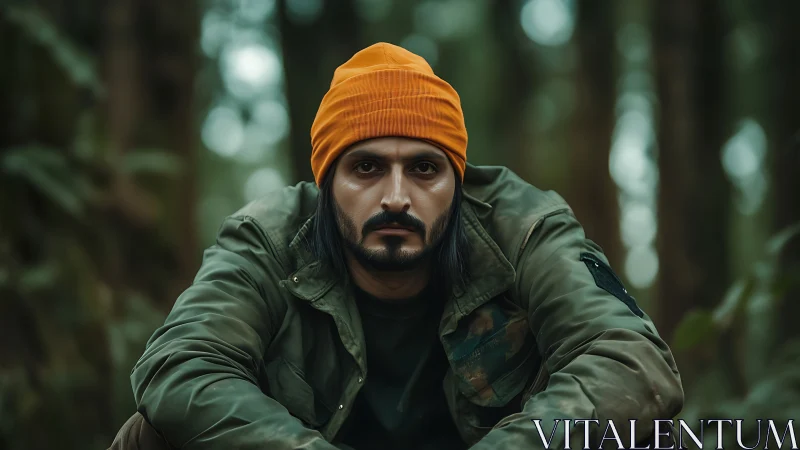 Quiet forest pause with a thoughtful hiker in orange beanie.