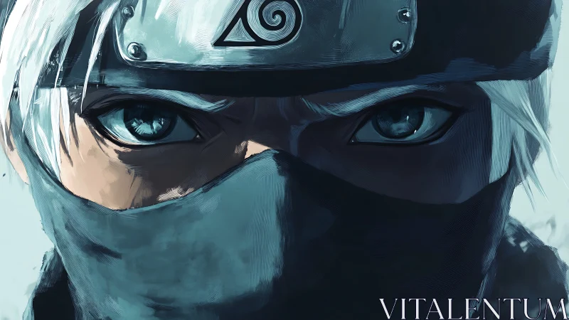 Masked silver-haired ninja portrait with intense blue eyes
