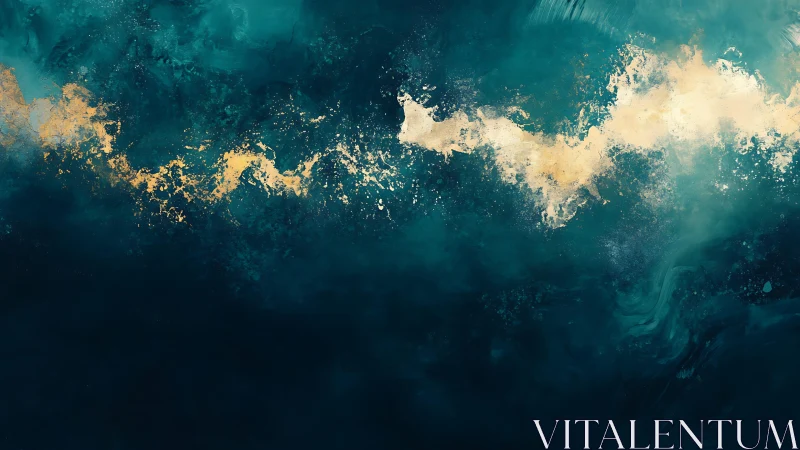 Abstract ocean wave in teal and gold, modern digital painting.