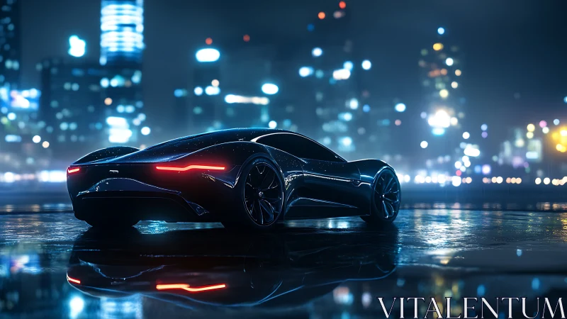 Aerodynamic electric coupé in reflective neon rainscape at night.