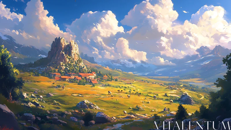 Sunlit mountain valley opens around a peaceful rural village