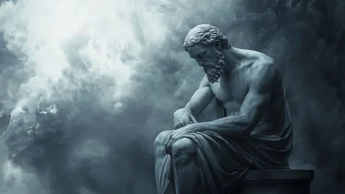 Classical marble philosopher amid stormlit atmospheric void