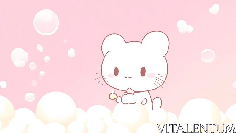 Minimal line-art mouse mascot in pastel bubble environment