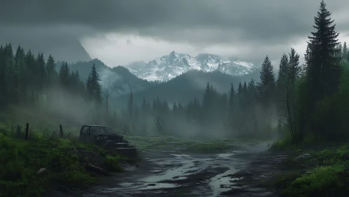 Rain-soaked conifer forest with abandoned SUV under overcast sky